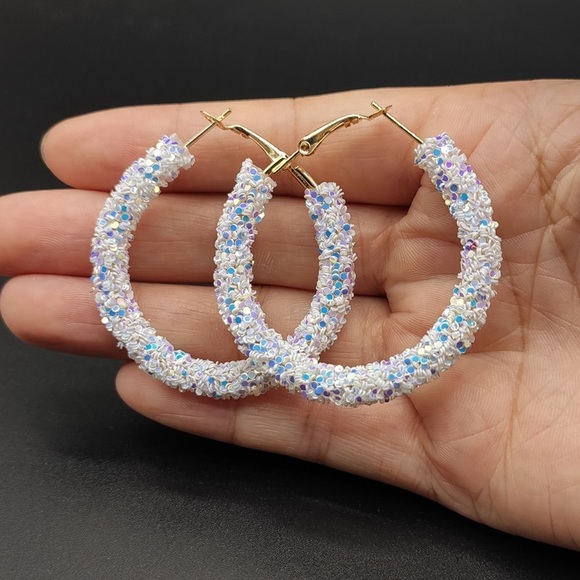 White Glitter Cubic zirconia hoop Earring - Picture 2 of 11